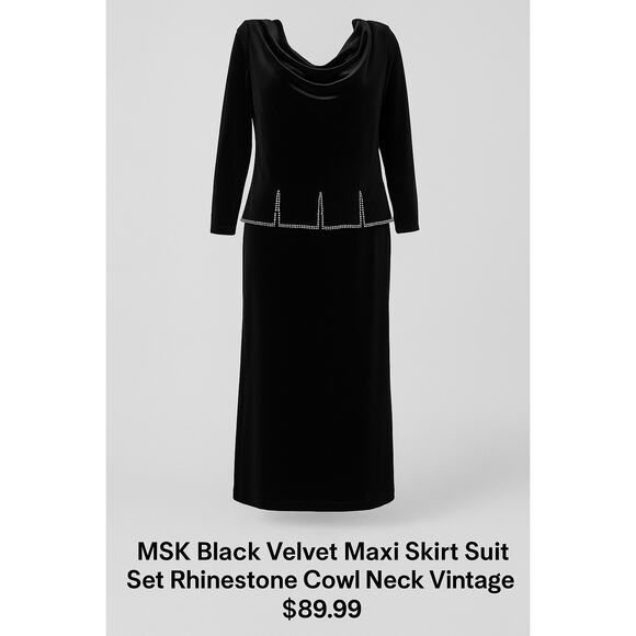 VTG Black Velvet Midi Skirt Suit Set Jeweled Wedding Event Formal Class  SZ XL - Picture 1 of 12